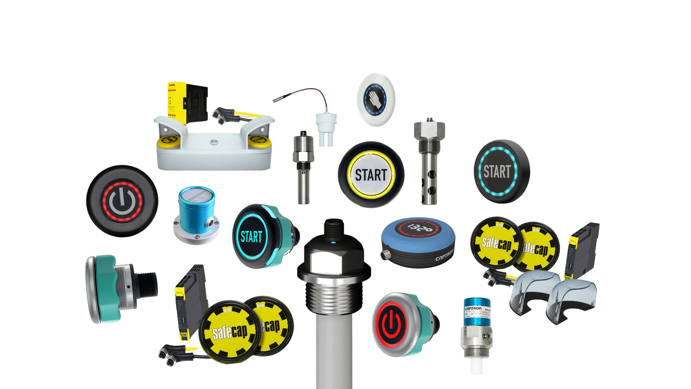 A collection of Captron products including push buttons, capacitive sensors, safety devices, and switches.